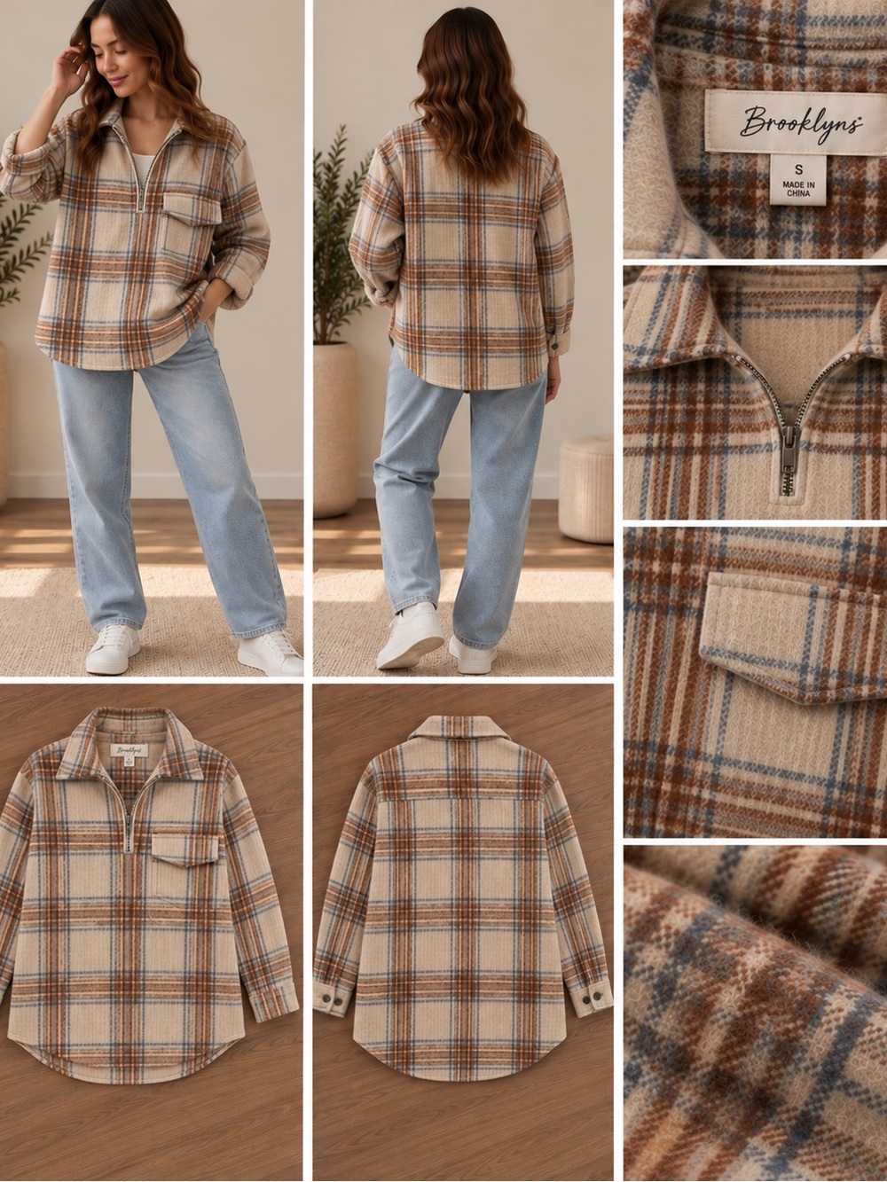 Beige Plaid Half-Zip Shirt Jacket